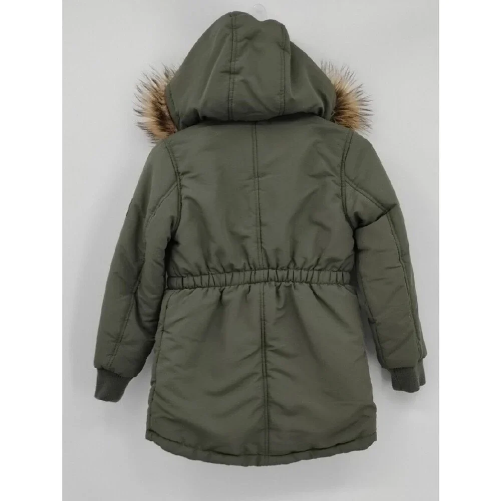 Justice Olive Green Fur Hood Sherpa Long Winter Coat Jacket Label Detail S 7/8